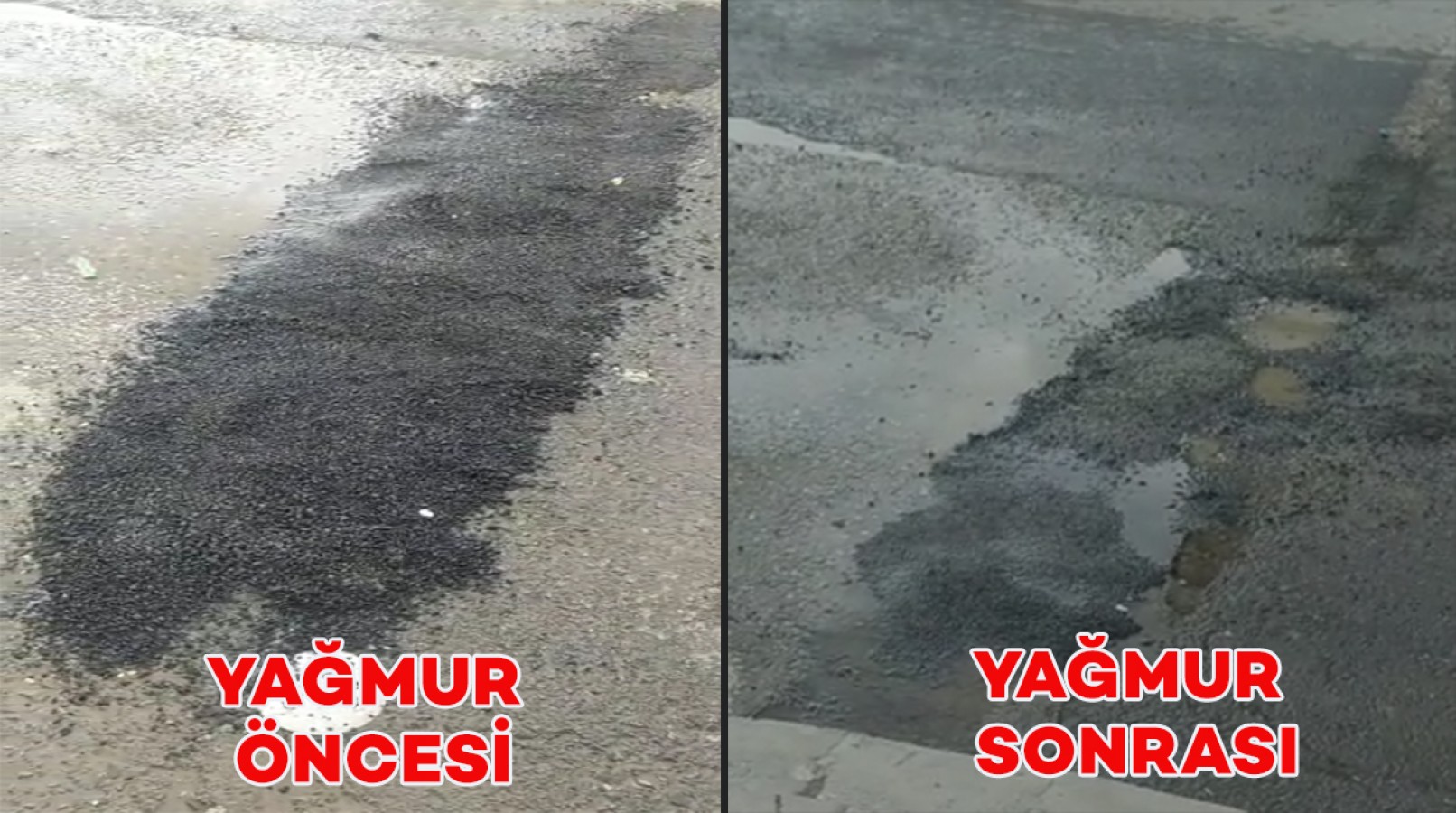 Asfalt dökülen yol yağmur sonrası eski haline döndü