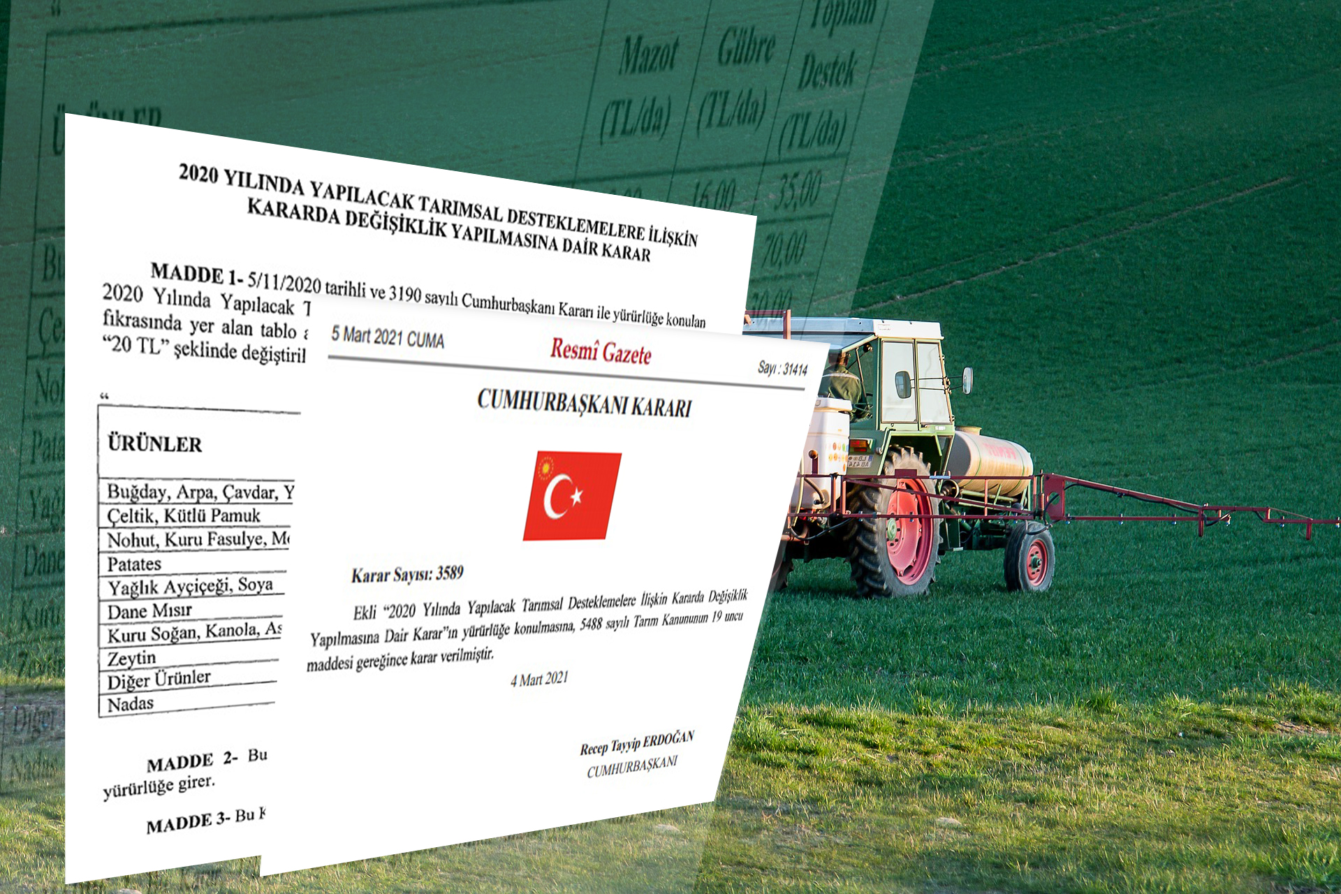 2020 YILINDA YAPILACAK TARIMSAL DESTEKLEMELERE İLİŞKİN KARARDA DEĞİŞİKLİK YAPILMASINA DAİR KARAR